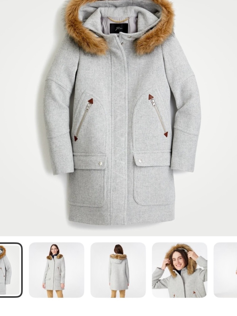 J. Crew Light Gray Wool-Blend Hooded Coat with Tan Faux-Fur Trim